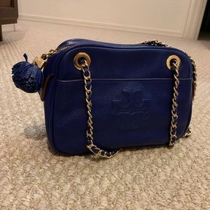 Tory Burch Cobalt Blue Pebbled Leather Chain Crossbody with Tassel